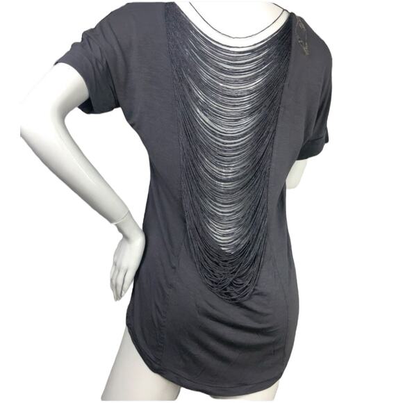 Buffalo David Bitton Grey HIRAKU Open Back Fringe Beaded T-Shirt Size Medium M - Picture 8 of 8